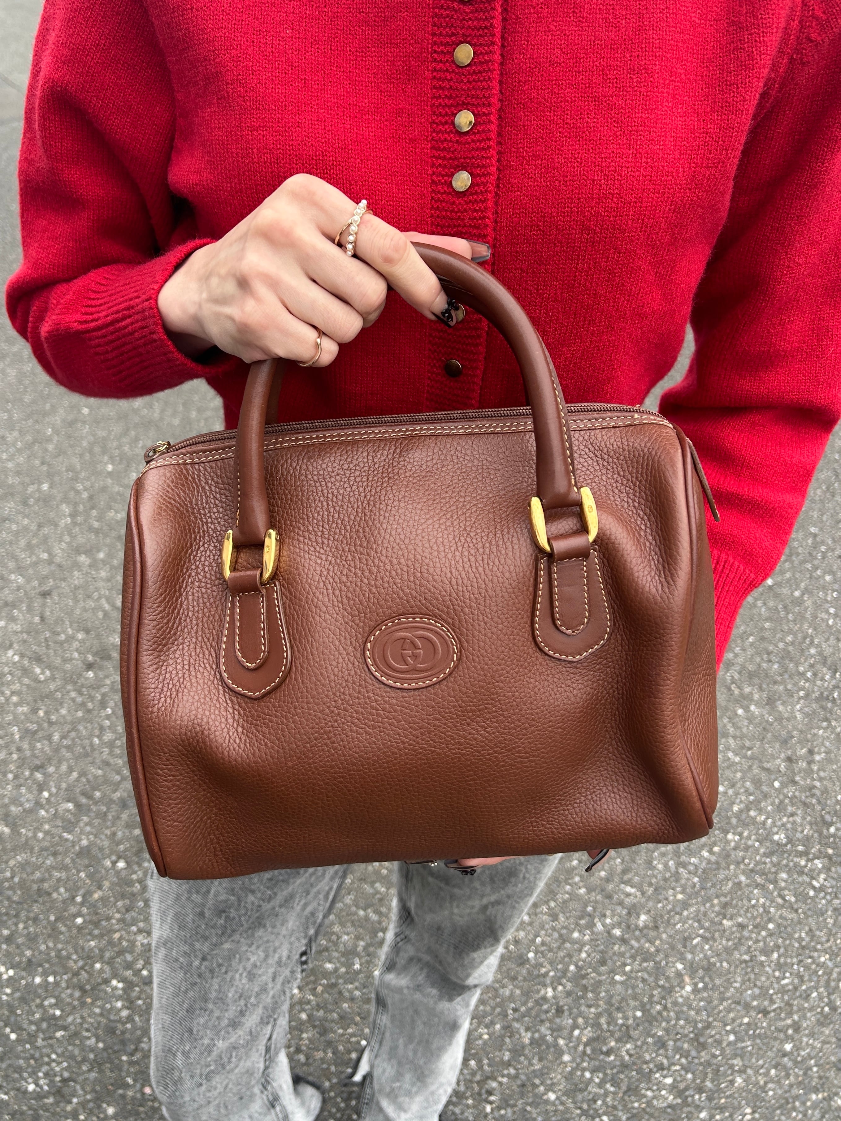 美品 オールドグッチ レザー ハンドバッグ ブラウン GUCCI グッチ ハンドバッグ ブラウン ロゴ型押し レザー ミニボストン