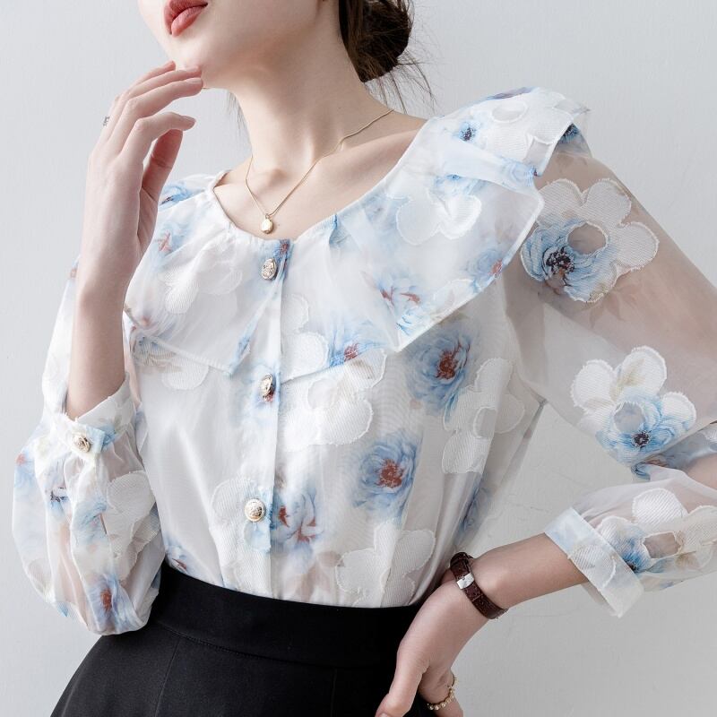 フラワープリントラウンドネックブラウス Me0926