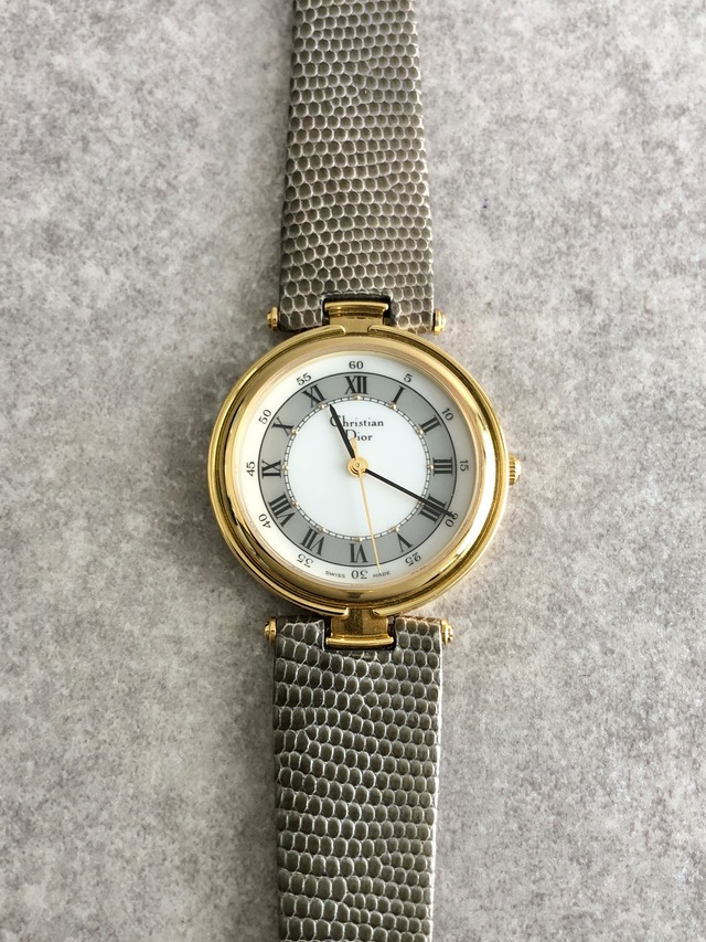 Christian Dior クリスチャン ディオール 腕時計 ゴールド×グレー ローマ文字 リザード型押し クウォーツ vintage ヴィンテージ オールド 3006 vwkm72