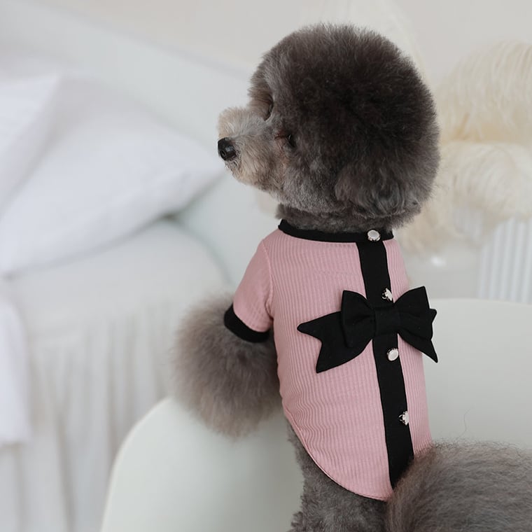 onz ribbon knit t-shirt S ~ XL 4color / 犬服 ニット 可愛い 犬の服 Tシャツ 背中 リボン 重ね着 おしゃれ トップス お揃い ドッグウェア 無地 シンプル 韓国ワンコ服 b54