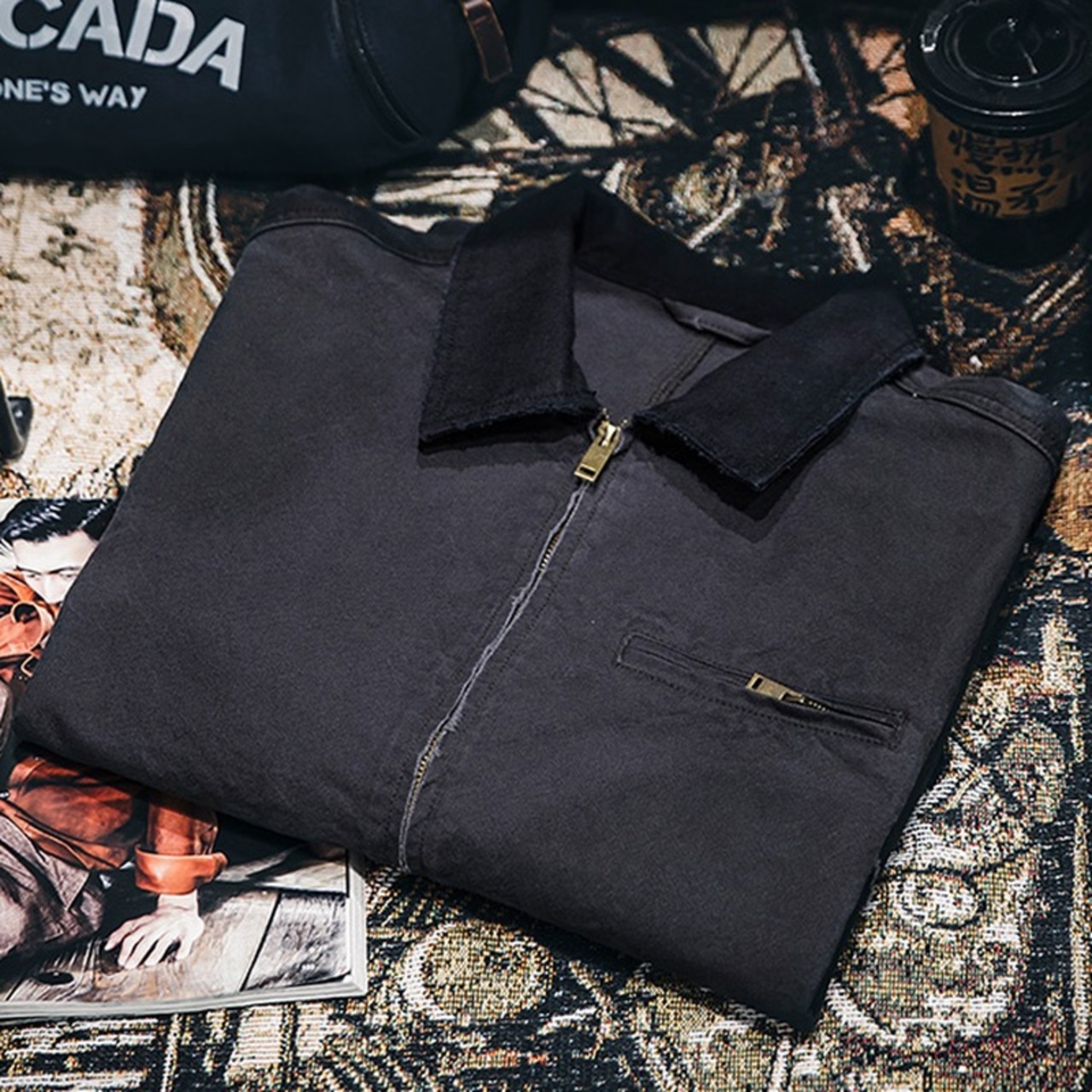 Material Front Zip-Up Work Jacket ◇H0236