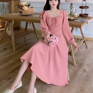 【送料無料】 ロングドレス  マキシ丈  Aライン・フレア  長袖  体系カバー  大きめ  プラスサイズ  リボン  無地  ラウンドネック  カジュアル系  大人可愛い  シンプルデザイン  レディースファッション  可愛い  20代・30代  春  女子会・お茶会