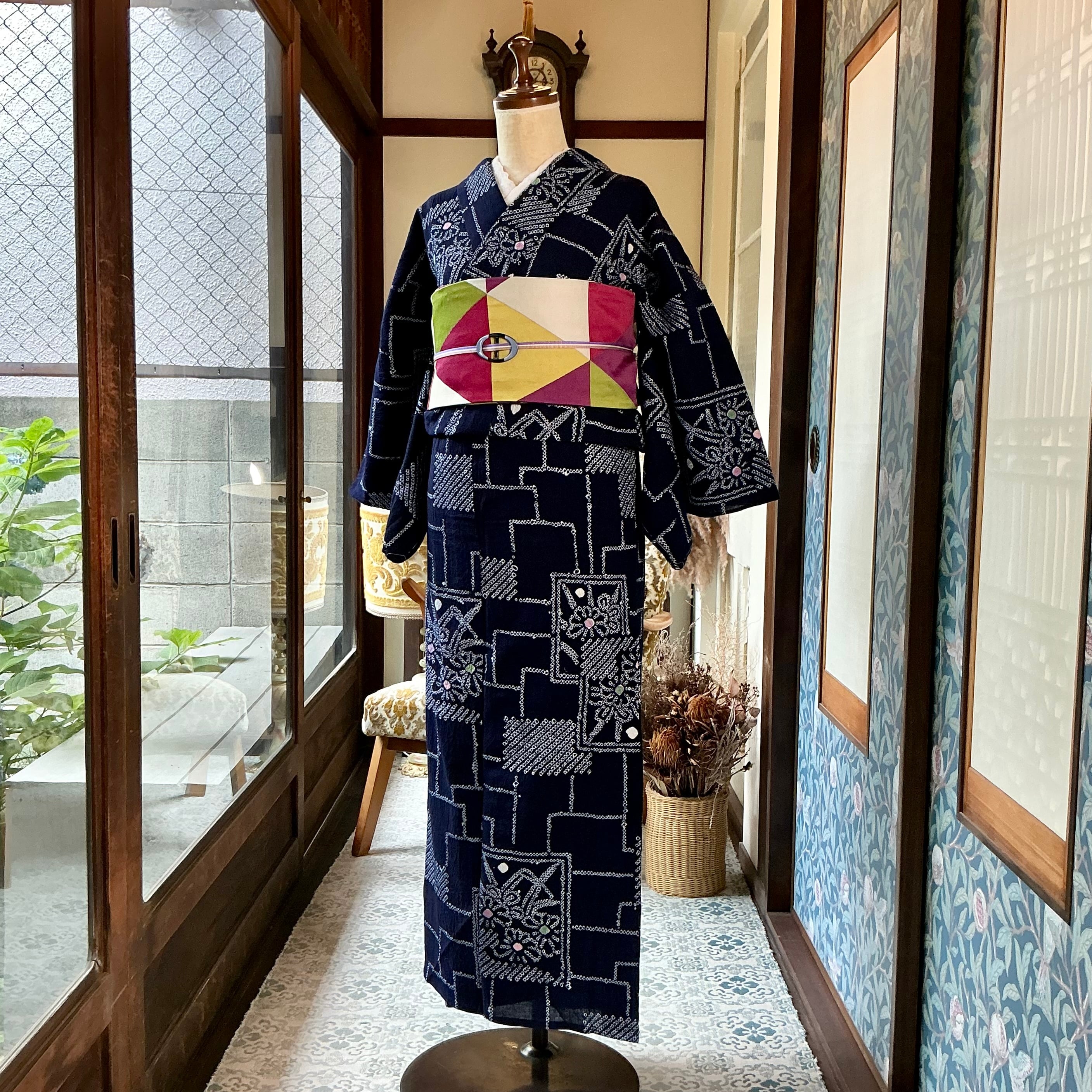 Navy Retro＊花 四角 ネイビー 紺 有松鳴海絞り浴衣 B715 | kimono tento