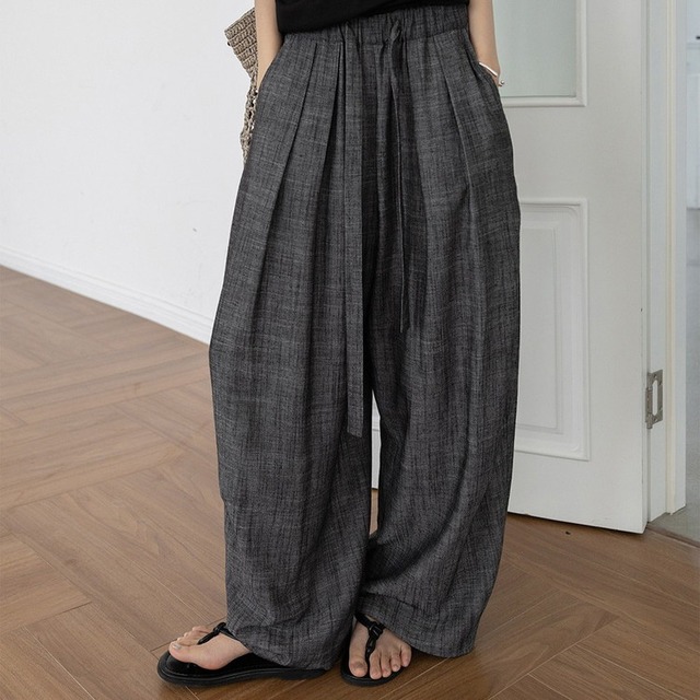 リネンブレンドタックプリーツワイドパンツ 2color [am03862]
