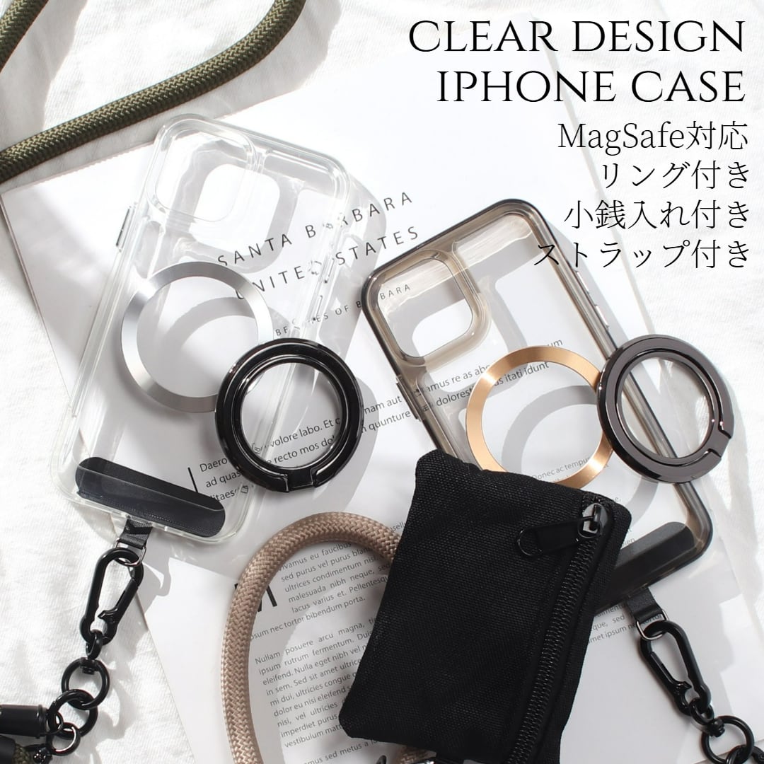 iphone ケース クリア リング付き 小銭入れ iphone16 iphone15 iphone14 13 12 mini マグセーフ magsafe ストラップ SE 11 アイフォン 16 15 14 pro スマホケース 16pro 15pro 14pro リング 財布 ショルダー カード収納 財布 スタンド 13mini se3 se2 ゴールド 送料無料
