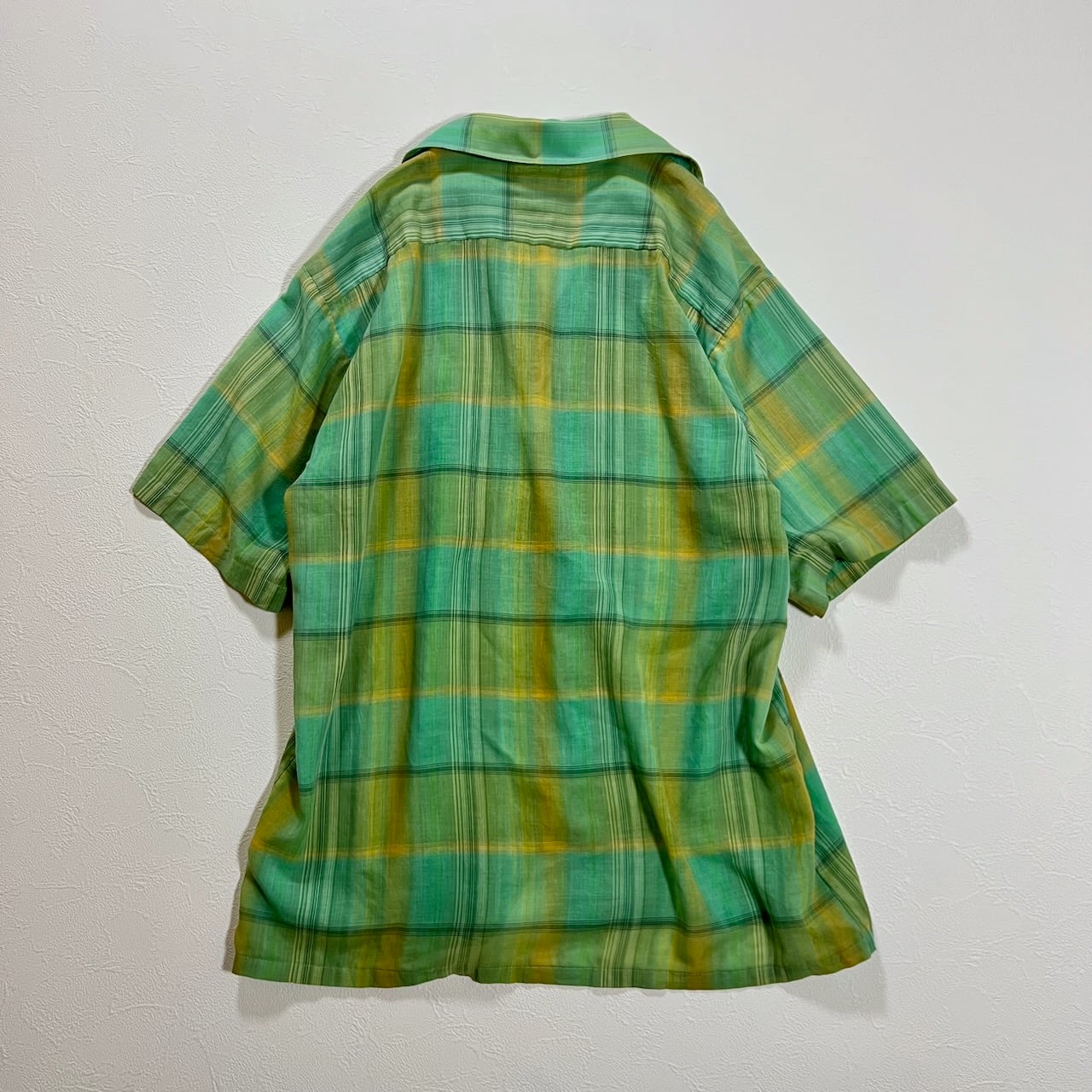 60s~70s 開襟 オープンカラー オンブレチェック 半袖シャツ エメラルド