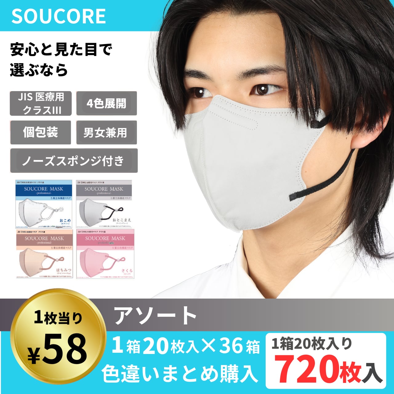 SOUCOREマスク-professional- アソート 【36箱SET】【 5層 医療用 クラスⅢ JIS規格 立体構造 不織布マスク 個包装 男女兼用 】