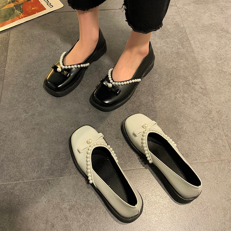 スプリングスタイルブラックレザーパールカジュアルシングル 靴 シューズ 春物 真珠 スクウェア 部族の婦人靴97446521759