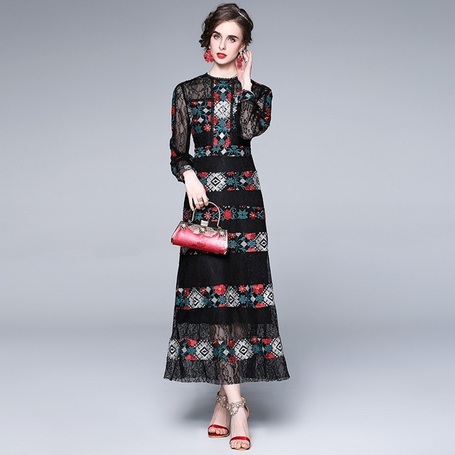 並木万里菜アナご着用 送料無料 D1 クロスステッチ 刺繍 レース ロング ワンピース ブラック 刺繍ワンピース 刺繍 花刺繍 ブラックドレス 黒 裏地あり インポートワンピース シアーワンピース 総レース 長袖 ハーフ袖 透け パーティードレス メール便 フリル
