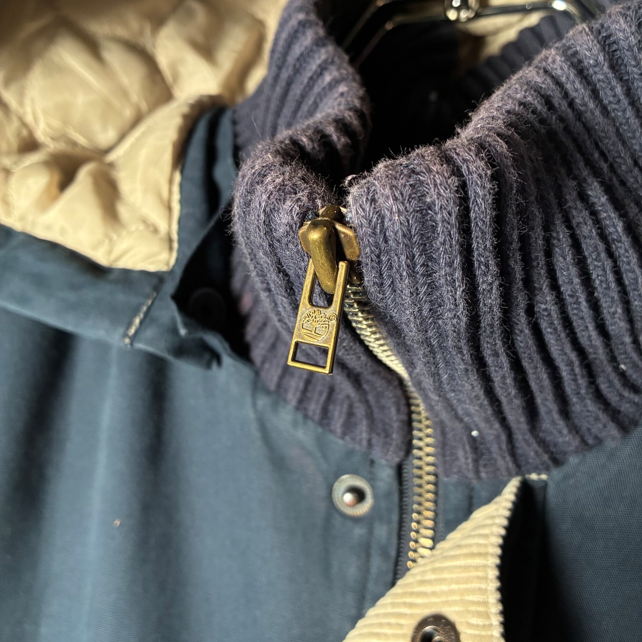 90s Timberland / コットン マルチポケットジャケット ネイビー / フード着脱可 / 中綿入り 防寒 アウトドア