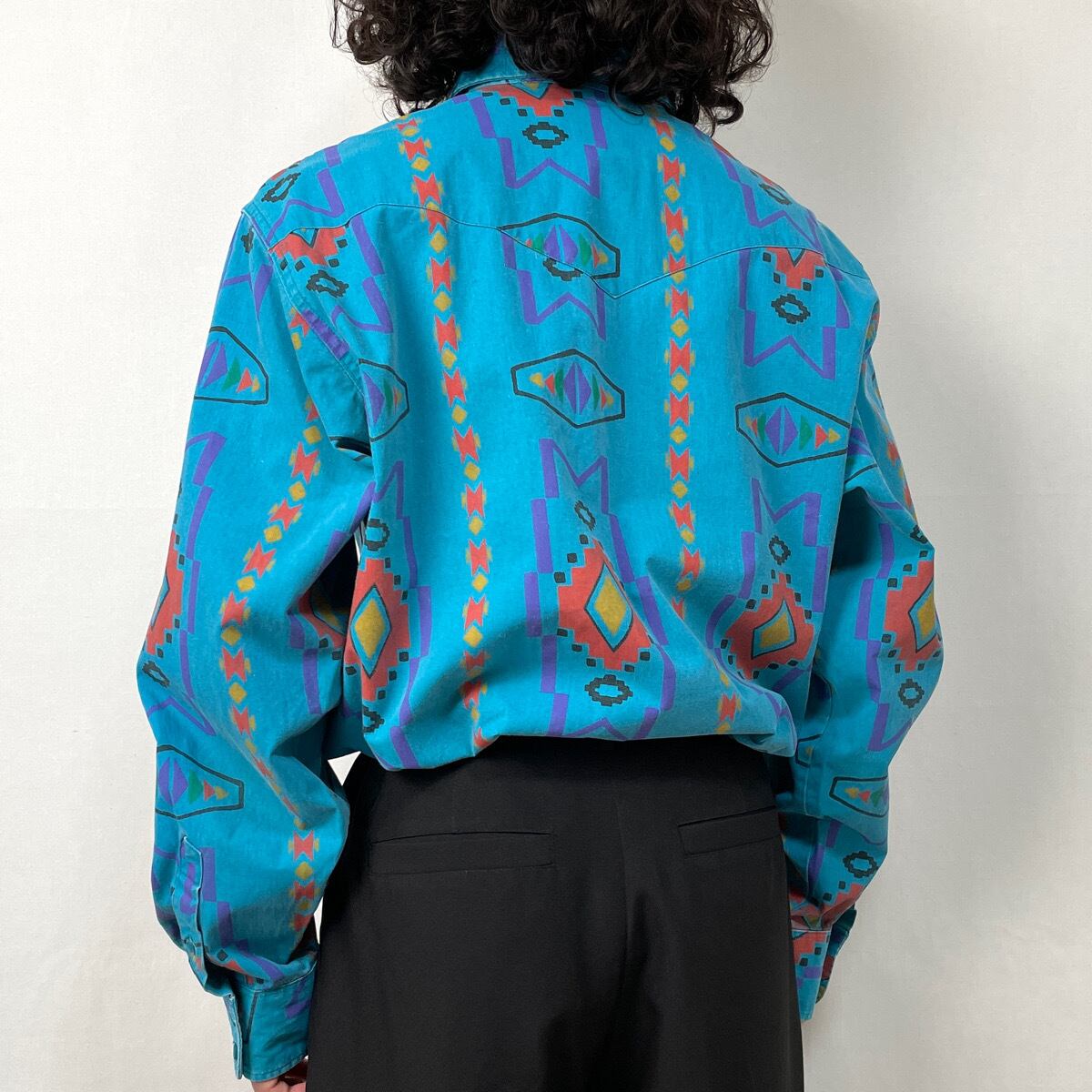 80s 90s USA製 Wrangler ネイティブ柄 ウエスタンシャツ 古着 