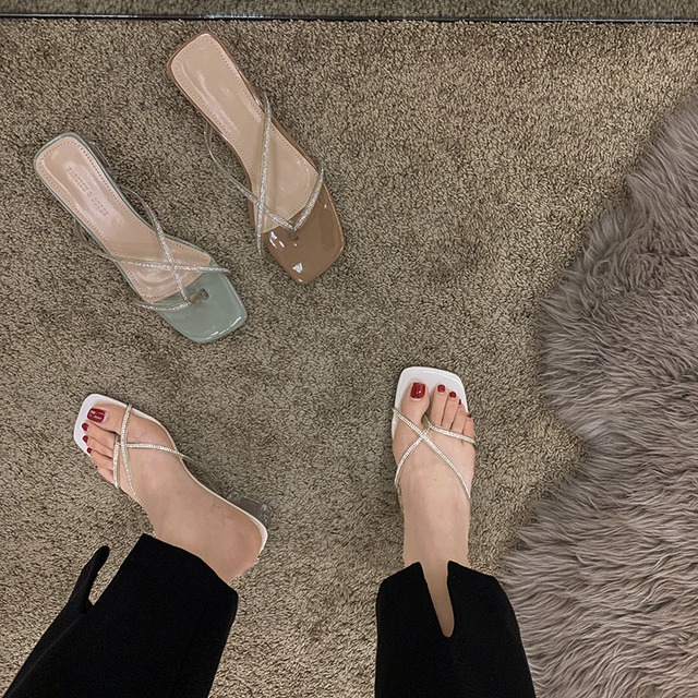 ミュールサマーレッドラインストーンクロスベルト セット クリスタルサンダル ハイヒール 靴 シューズ 夏物 ハーネス フェイクシューズ3662336368