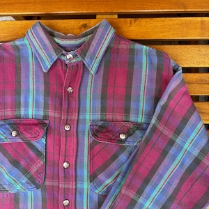 1980'S MIGHTY-MAC FLANNEL CHECK SHIRT PURPLE XL