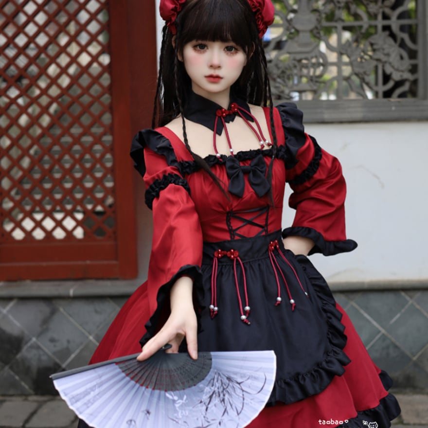 中華ロリータ スクエアネックメイドワンピース エプロン付き｜WithU