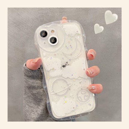 【新型iPhone15対応】ファンシーホワイト◎iPhone14 対応 ウェーブフレーム かわいい星空 惑星 月 ハート カメラ保護フレーム スマホケースND-14792