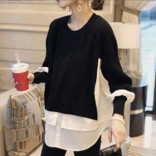 LAYERED KNIT CONTRAST HEM LONG SLEEVE SWEATER M-18213
