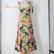 フラダンス 衣装 ワンピース ドレス ピンク系 モンステラ柄 ハワイアンプリント 植物柄 リボン キャミソール フレア アロハ フラ ダンス レッスン 練習 華やか 鮮やか かわいい おしゃれ 上品 グリーン系 イエロー系 ピンク 緑 黄 フラダンスワンピース ドレススタイル カジュアル エレガント レディース 軽やか