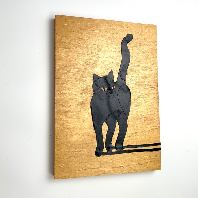 Leather collage art (Kuroneko) Black cat A4 size Wooden panel