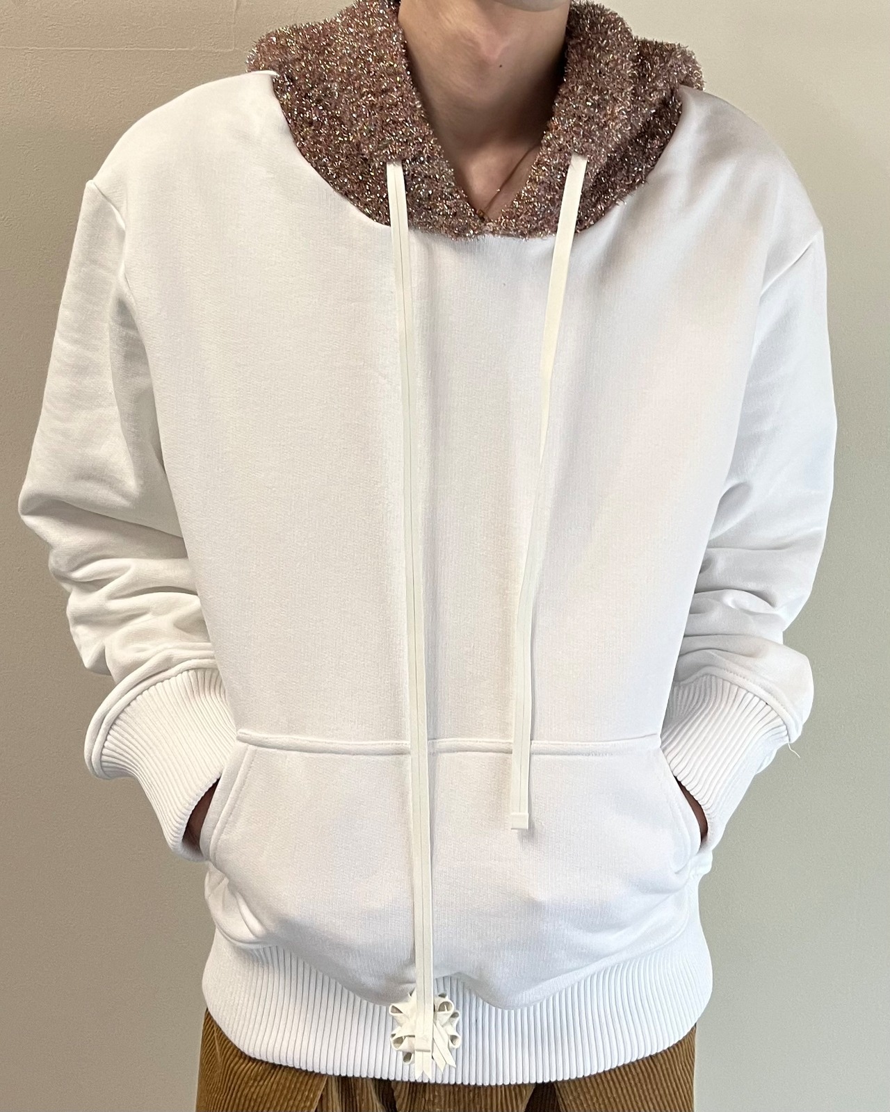 【26/AW Oscar Ouyang】White/Pink knit sparkly sleeping hat hoodie