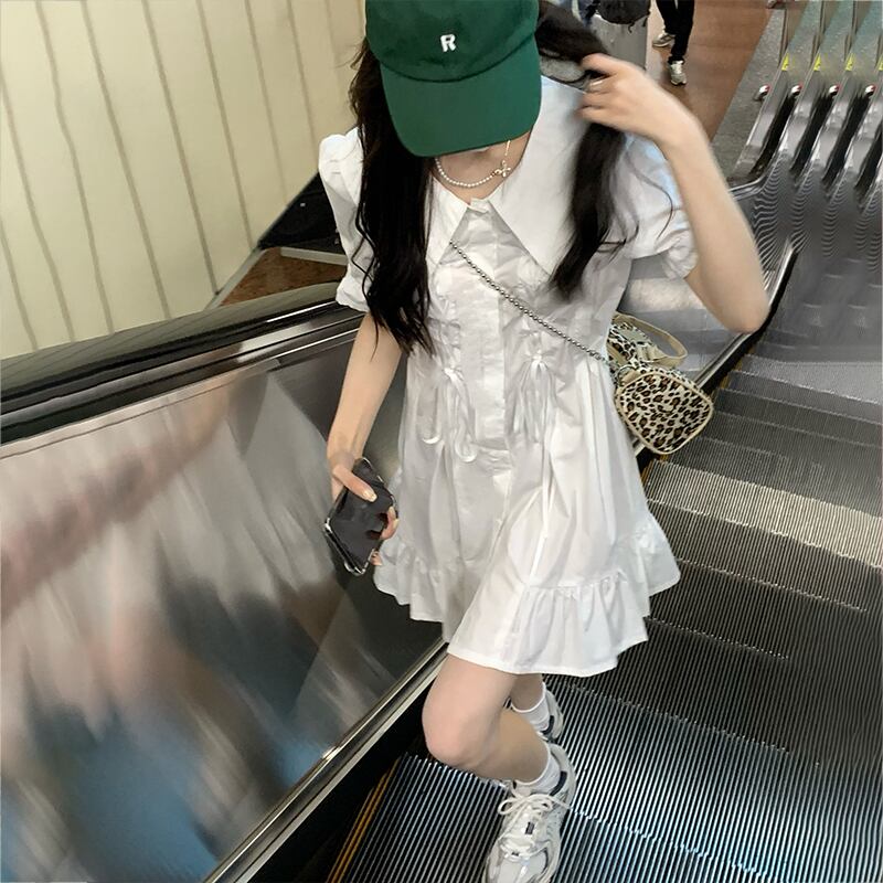 ホワイトリボンシャツ スタイルドレス サマースリーブスカート 夏物 ピュア 萌量不足46019590075