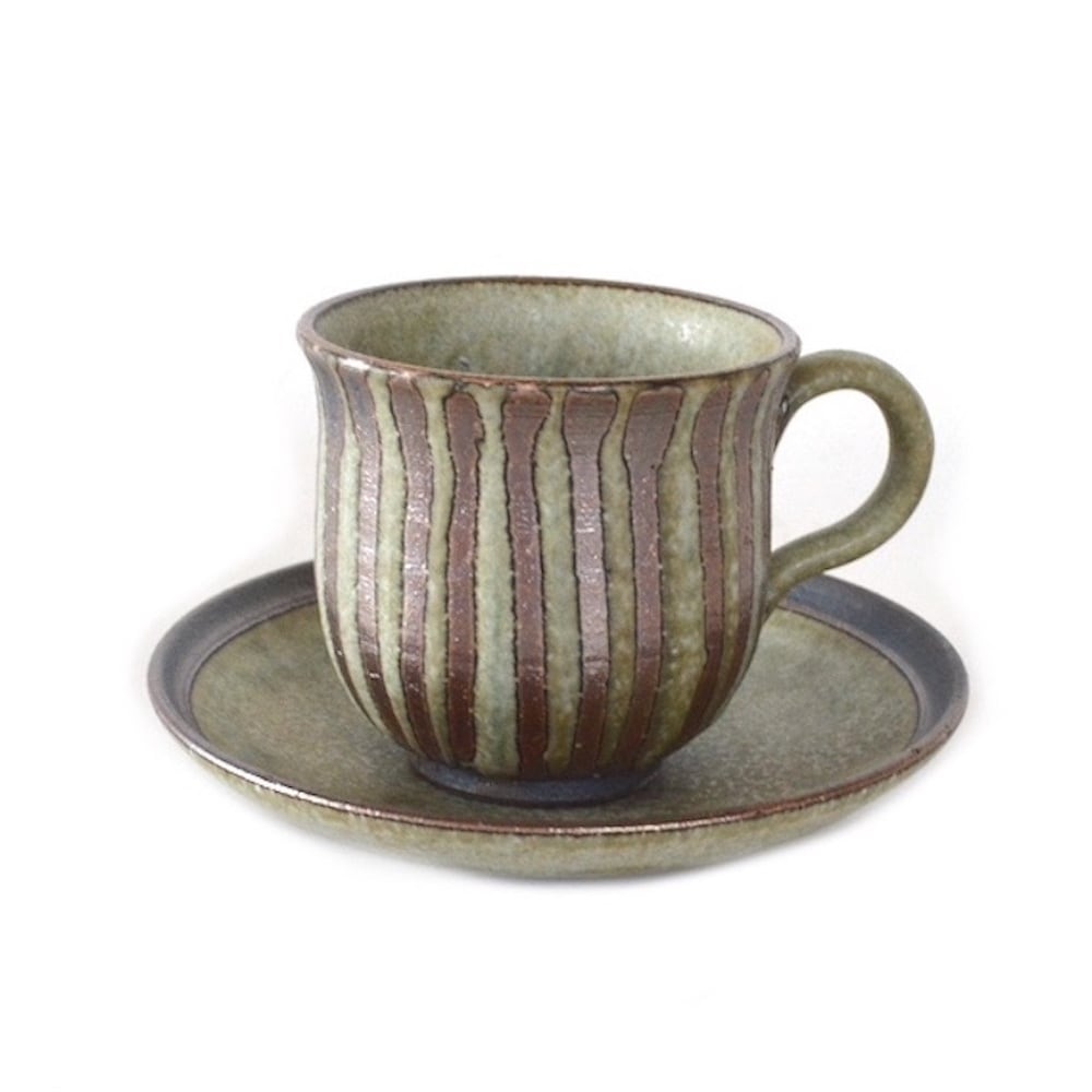 陶器製 陶器製 花器 取っ手付き 茶色と白のストライプ 花器 取っ手付き