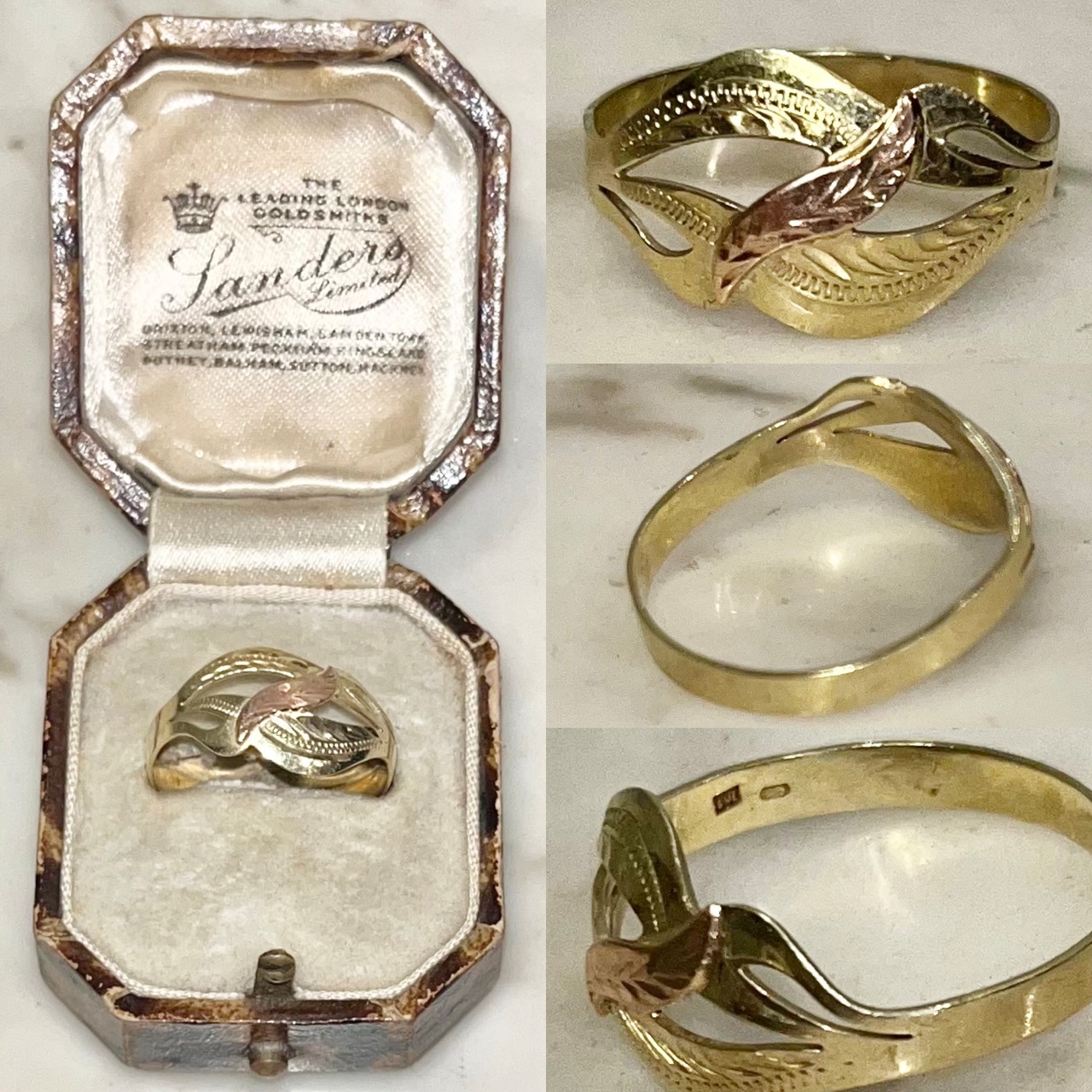 vintage 9ct gold tri-color leaf ring