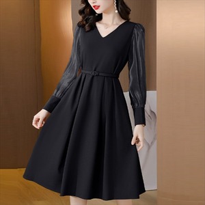 【送料無料】 ロングドレス 2色 ワンピース ドレス dress 衣装 パーティドレス ベルティングドレス ロング ロング丈 ひざ丈 袖あり 長袖 Vネック Aライン フレア ドッキング 異素材切り替え フォーマル エレガント 可愛い 大人可愛い きれいめ シンプル カジュアル シック コンサバ 華やか 大人 上品 おしゃれ お洒落 レトロ こなれ感 高見え 高級感 無地 秋 30代 40代 レディース 女性用 ママ ママ服 お出かけ 女子会 お呼ばれ 休日 お茶会 授業参観 結婚式 二次会 パーティ