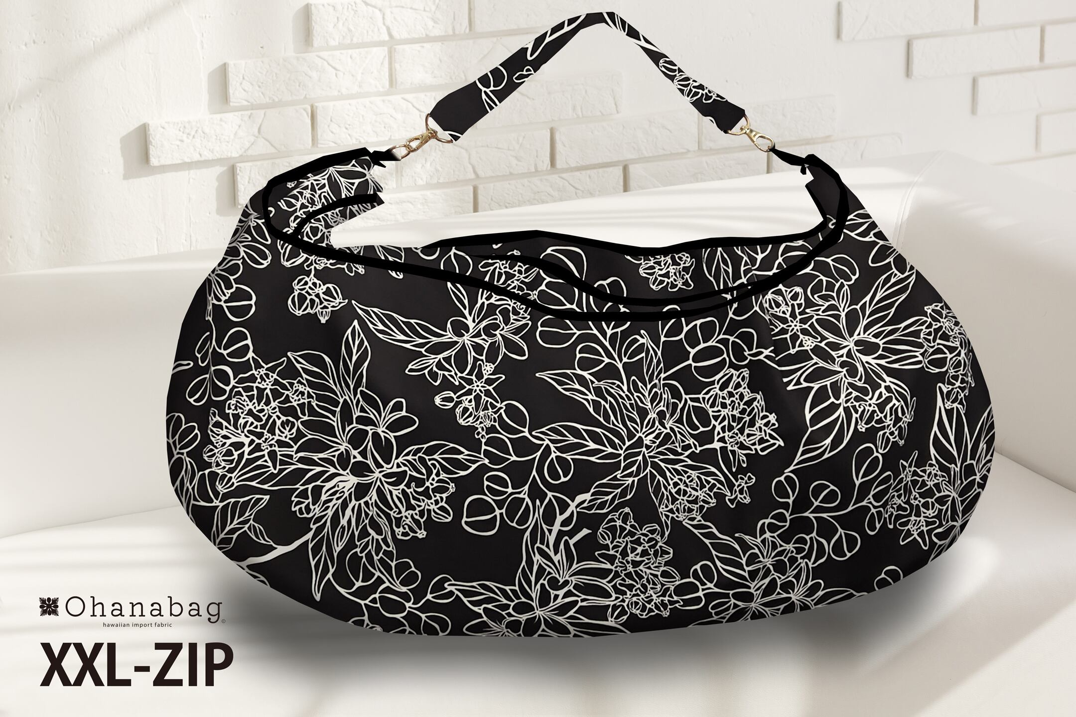 《残り1個》【XXL-ZIP・プルメリアブラック】Hawaiian_OhanaBag/ XXL-ZIP_007