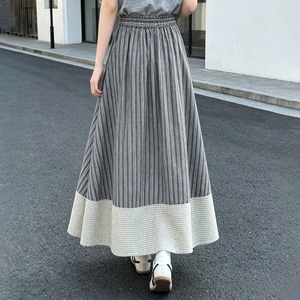 ロング スカート レディース 春 夏 秋 韓国 フレア Aライン ストライプ柄 チェック柄 配色 切り替え ハイウエスト ウエストゴム ボリューム 体型カバー 着やせ 大人 カジュアル 旅行 お出かけ マキシ スカート [LS-CGK024]