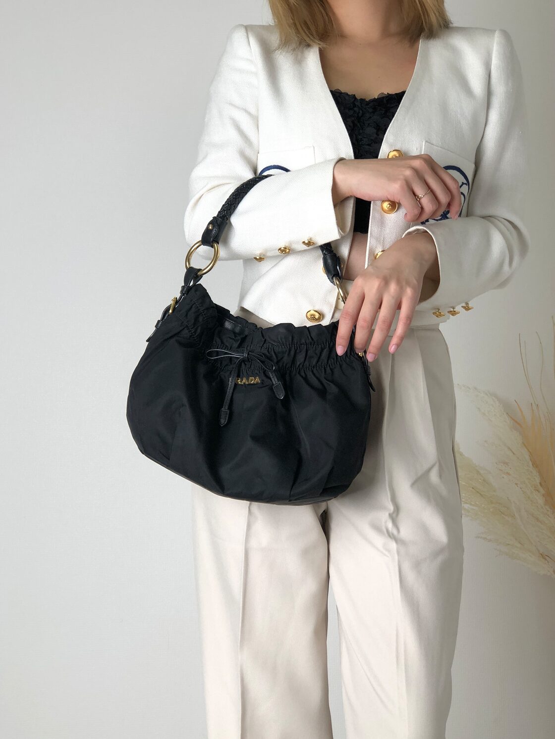 PRADA プラダ ロゴ ナイロン レザー ギャザー ショルダーバッグ 