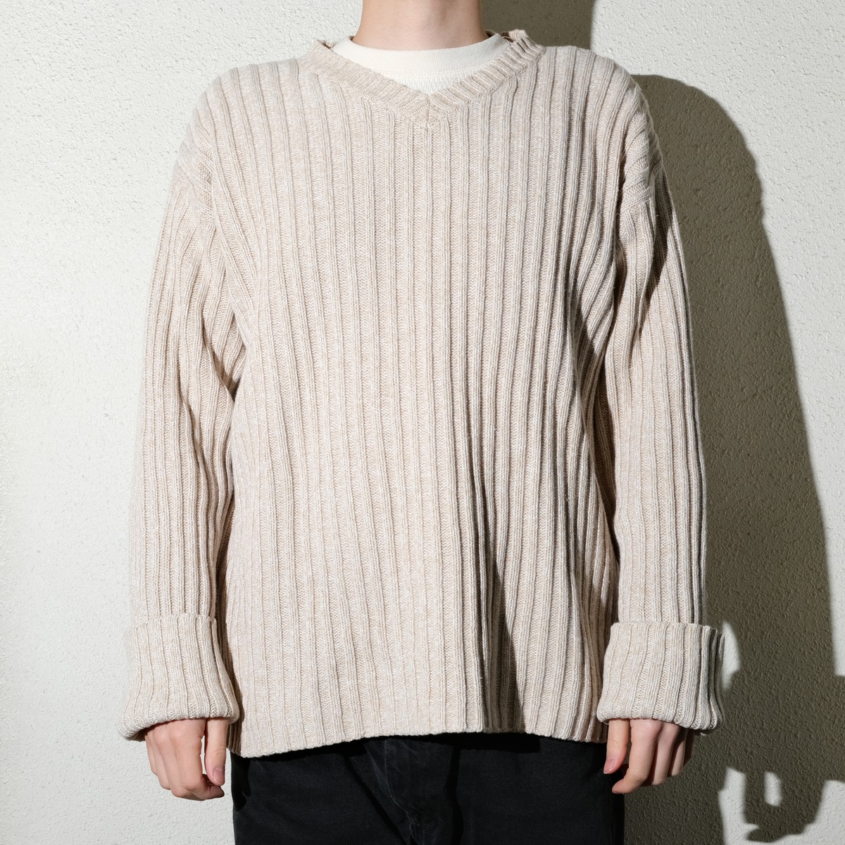 Vintage 90'S LLBean ribbed cotton knit sweater, size L, men's cotton Beige type Vintage Second Hand