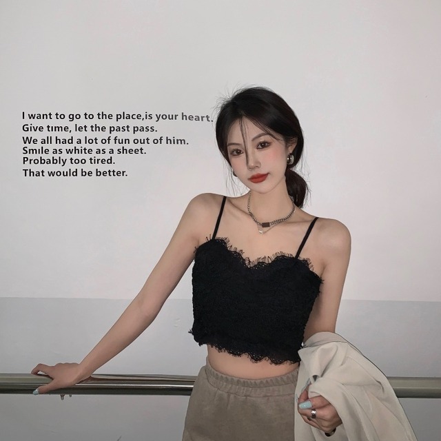 スプリングスリムブラックショートレースバックトップス 春物 ブラックストロベリース90650429018