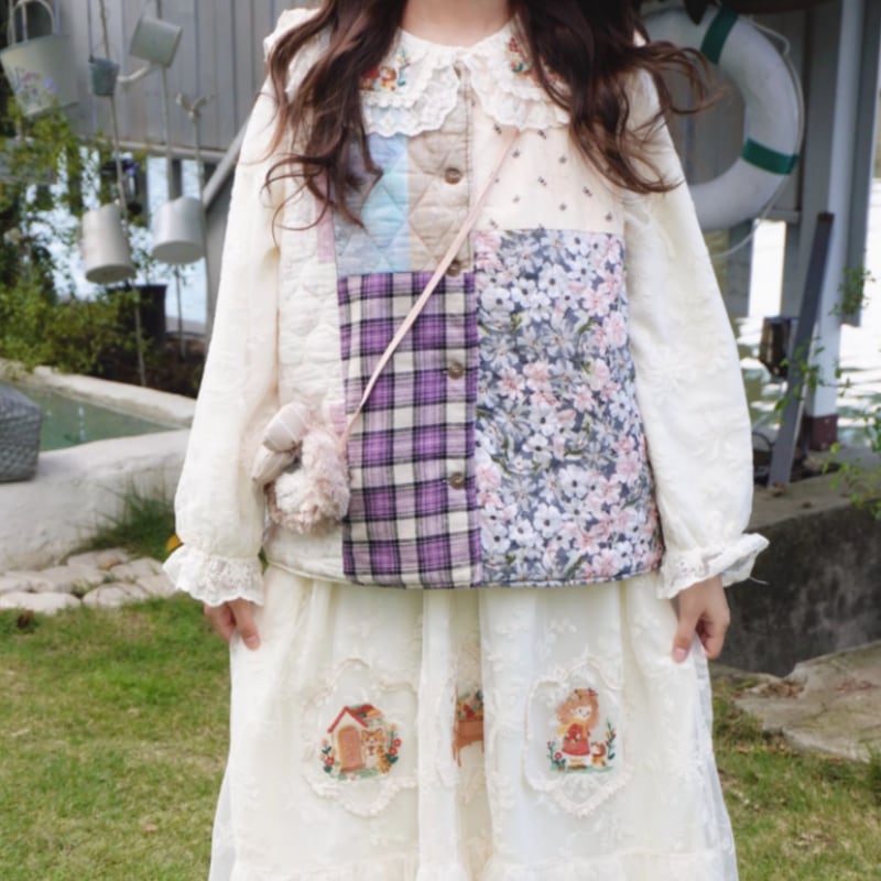 花柄パッチワークキルトベスト W1635