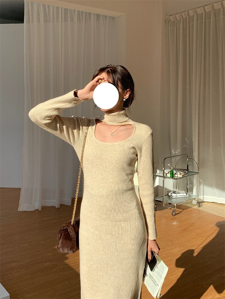 見た目カワイイ タートルネック デザインセンス ニットワンピース スリム ロングスカート