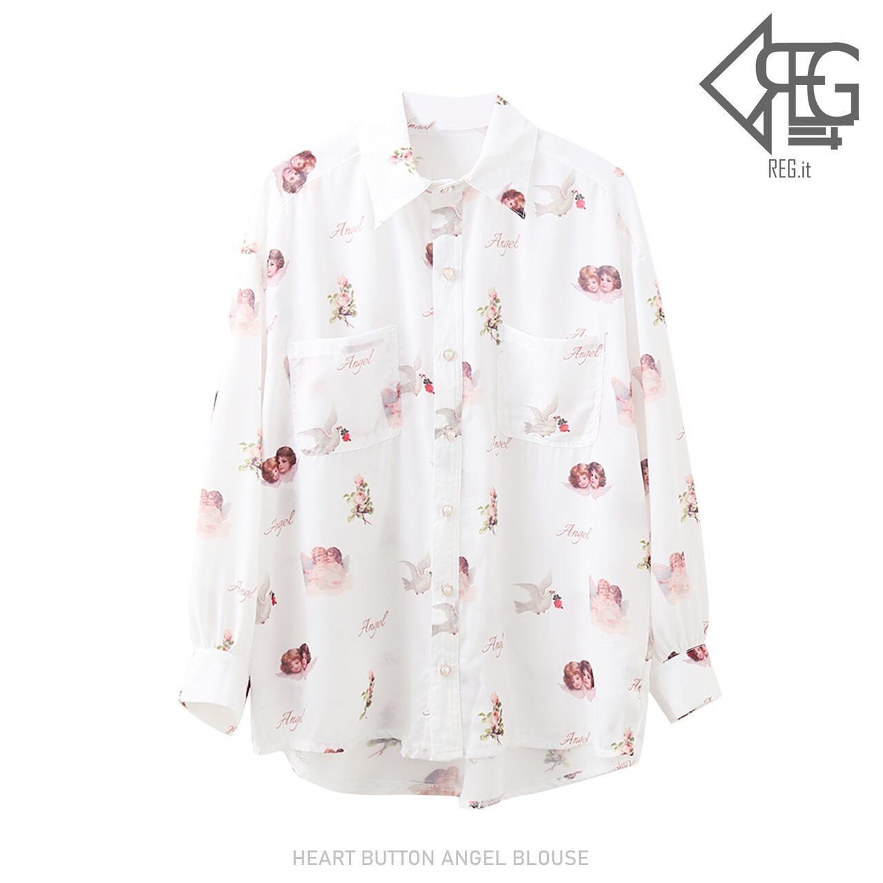 Regit 即納 Heart Button Angel Blouse 韓国服 トップス ブラウス シャツ ロリータ 透け感 シフォン素材 エンジェル 天使 総柄 女子力 森ガール 10代 代 プチプラ 春 着回し 着映え 映える ネット通販 Ttb030 Regit