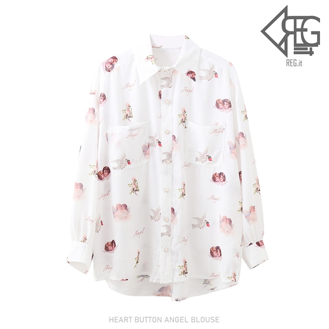 【REGIT】【即納】HEART BUTTON ANGEL BLOUSE 韓国服 トップス ブラウス シャツ ロリータ 透け感 シフォン素材 エンジェル 天使 総柄 女子力 森ガール 10代 20代 プチプラ 春 着回し 着映え 映える ネット通販 TTB030