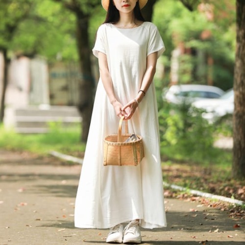 ワンピース レディース トップス ワンピ オールインワン コットン コットンワンピ ロング丈 無地 カジュアル 大きいサイズ ゆったり 半袖 レディース ワンピース ゆったり 大きいサイズ ワンピ