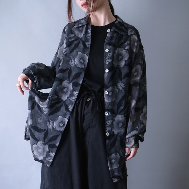 monotone flower pattern loose silhouette see-through shirt