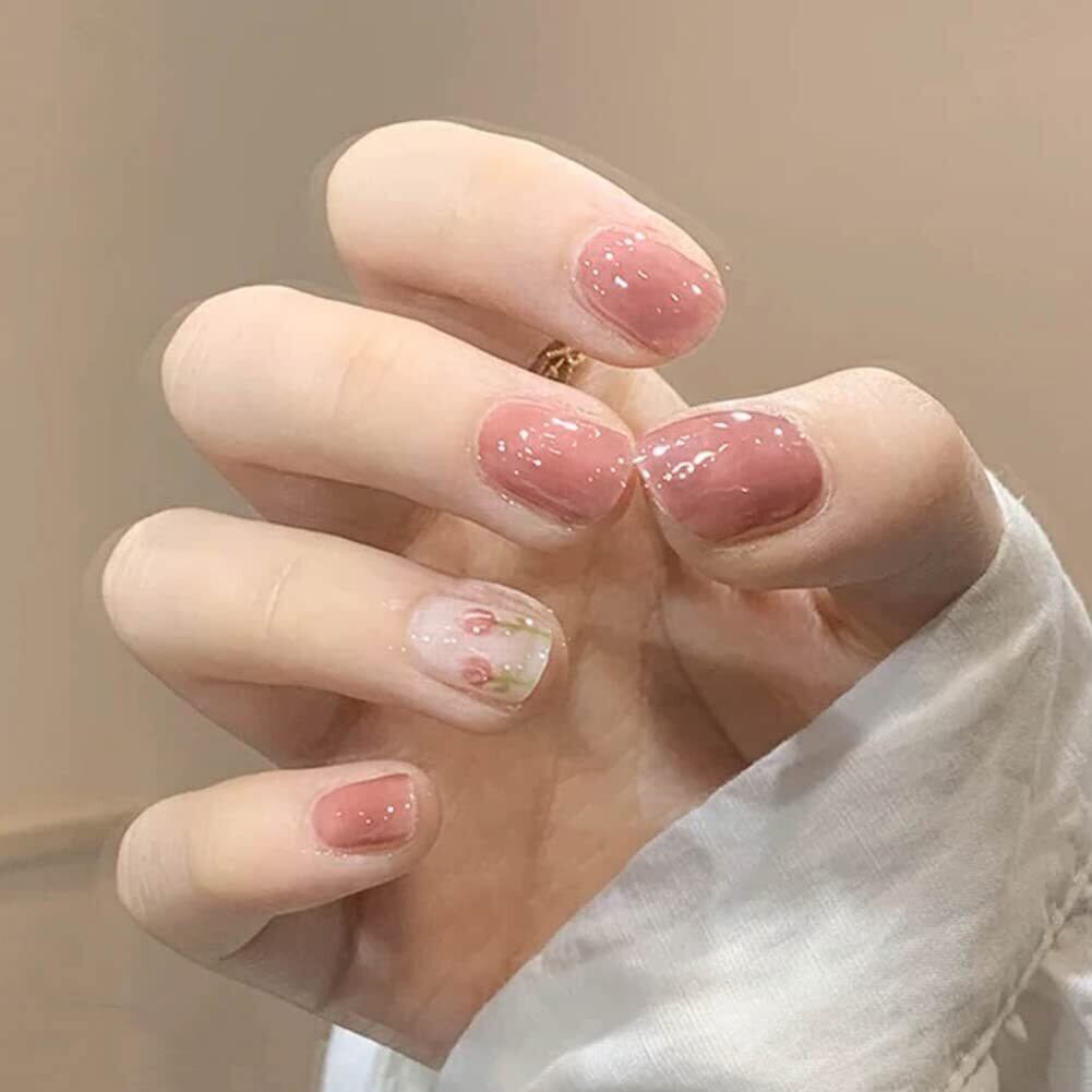 数量限定】24pcs チューリップ柄 手作りネイルチップ ピンク
