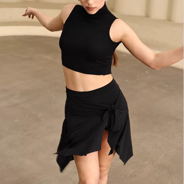 ハイネック オープンバック ノースリーブ アシンメトリー スカート SET 2col　D00469