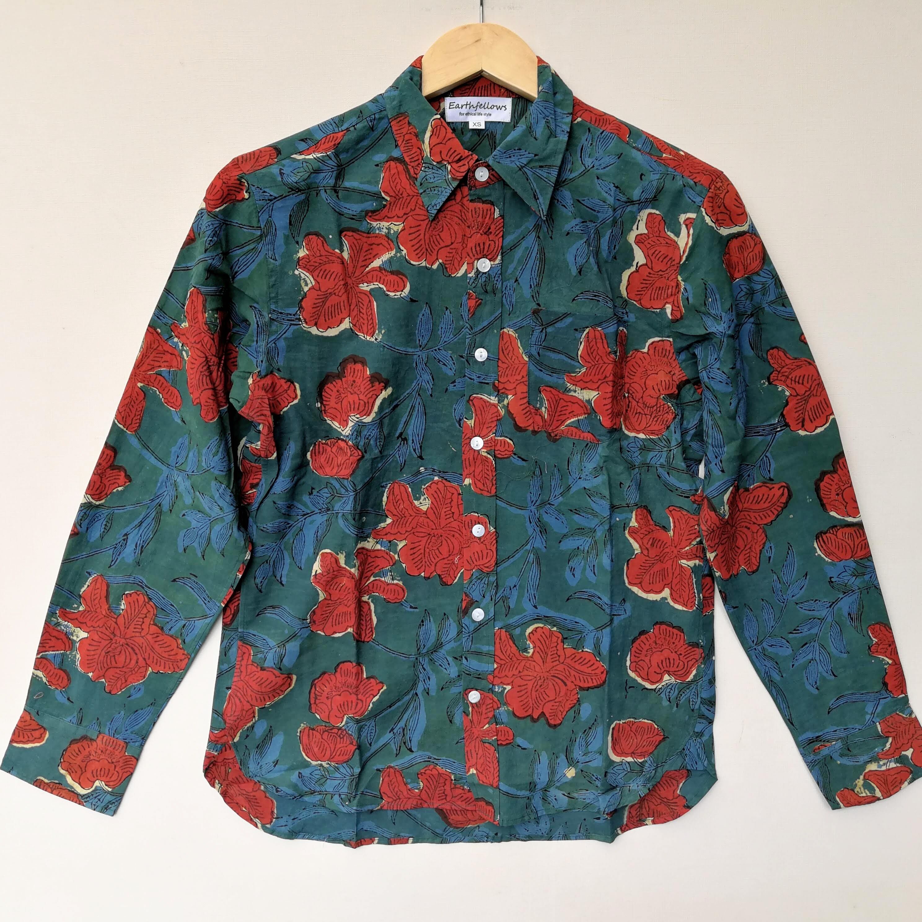 ★春夏秋３シーズン★オーガニックコットン草木染ブロックプリント長袖シャツ２（XS～XL）