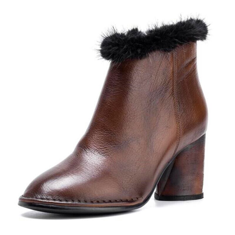 【新作】【送料無料】 チェルシーブーツウィンターシューズレディースオールドメイドブラウンレザーファートリムブロックヒールアンクルブーツ 靴 冬物 10b346934858347