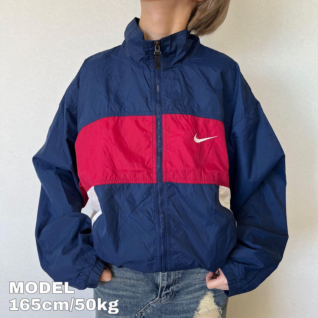 NIKE ナイキ ナイロンジャケット 90s ビッグロゴ刺繍 M 紺 赤 白タグ 