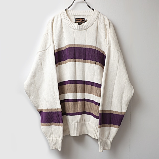 90s Eddie Bauer ”purple×brown” border cotton knit sweater used