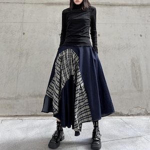 BLACK DOT HIGH NECK SLIM TOP & CHECKERED STITCH A-LINE DENIM SKIRT 2colors M-16087