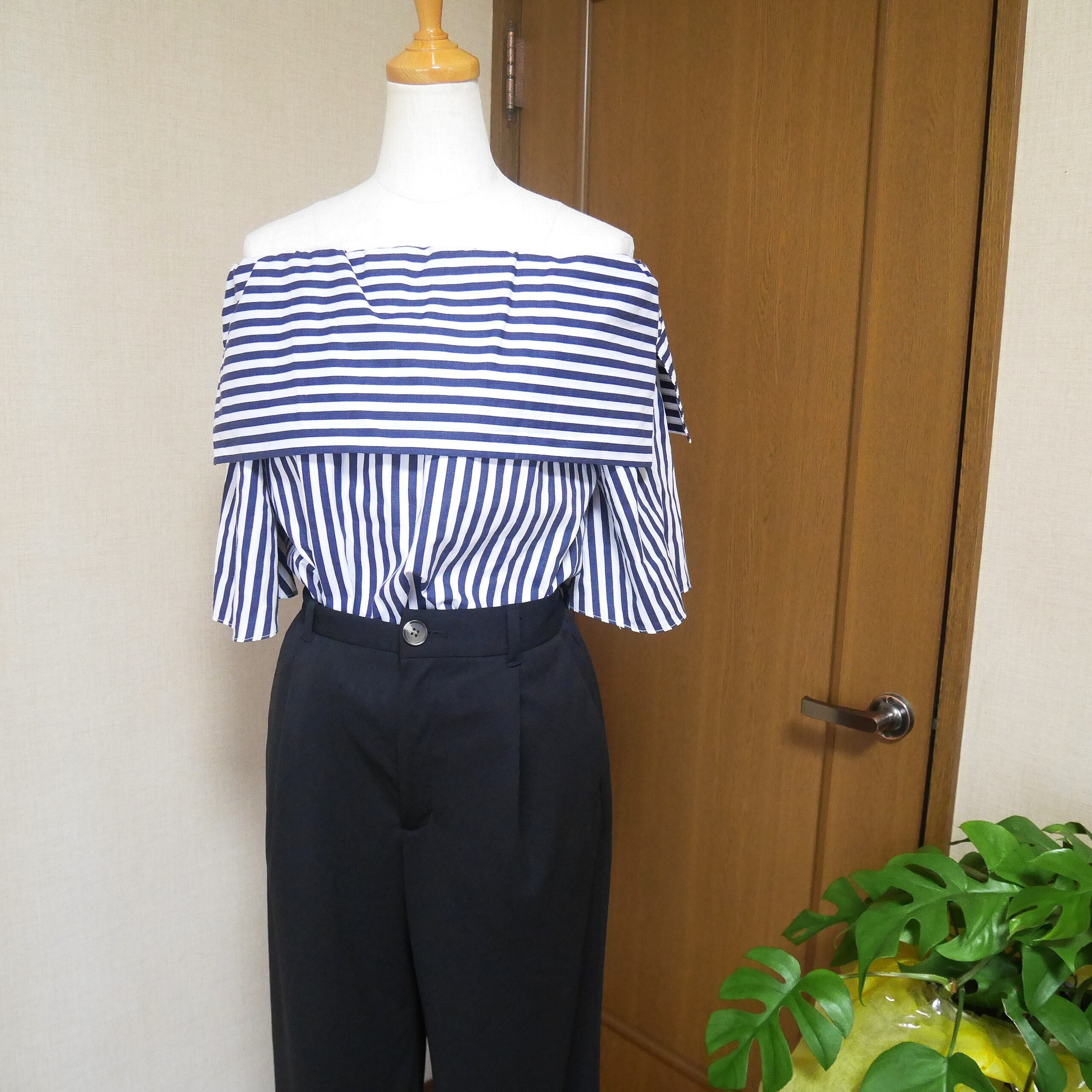【MADE IN KOREA-送料無料-】ストライプ切替オフショル 2wayトップス(ネイビー)
