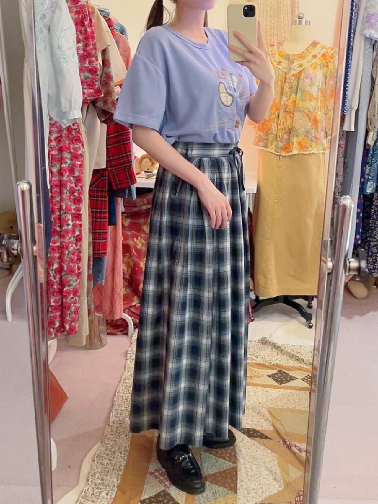black check gather skirt