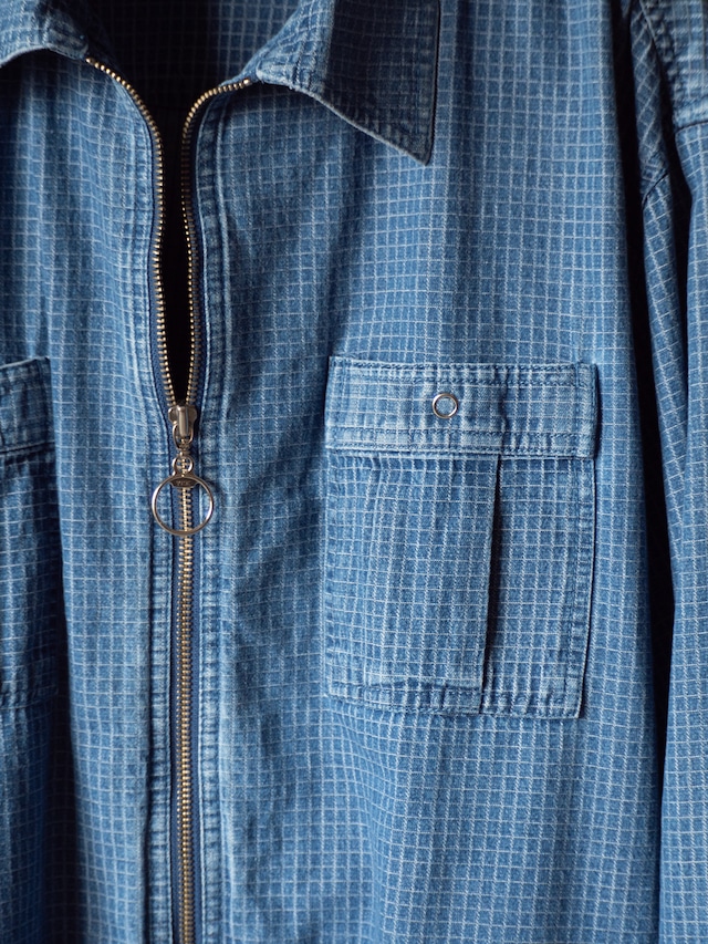 "Club Z Denim" '90s vintage Indigo small plaid zip shirt