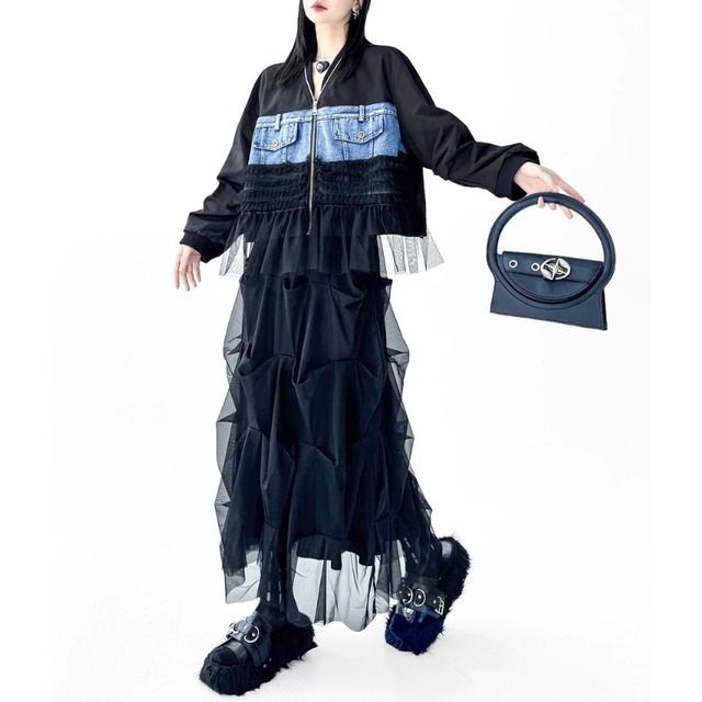 Denim tulle layered blouson C1461