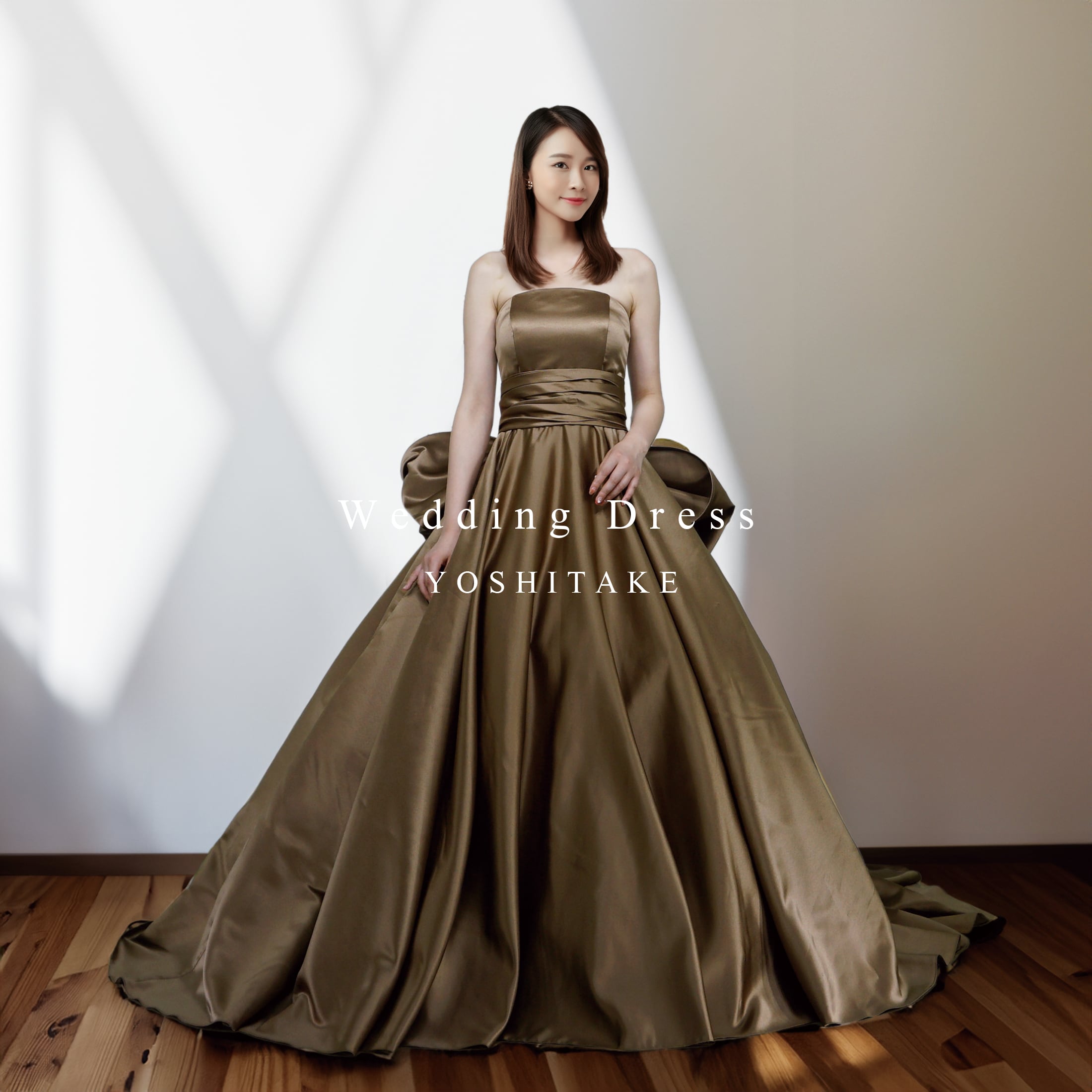 【オーダー制作】ウエディングドレス(無料パニエ) ウエディングドレス.ブラウン.カラードレス.Aライン.サテン.リボン ※制作期間4週間から8週間 Y1536